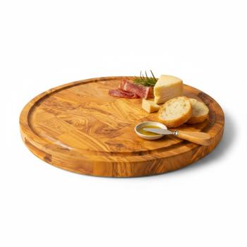 Round olive wood serving board with bread