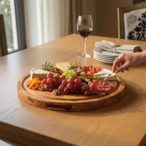 Round olive wood chopping board with charcuterie