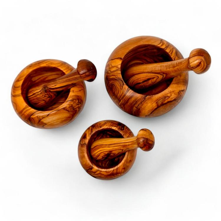 Round olive wood mortar and pestle in multiple sizes