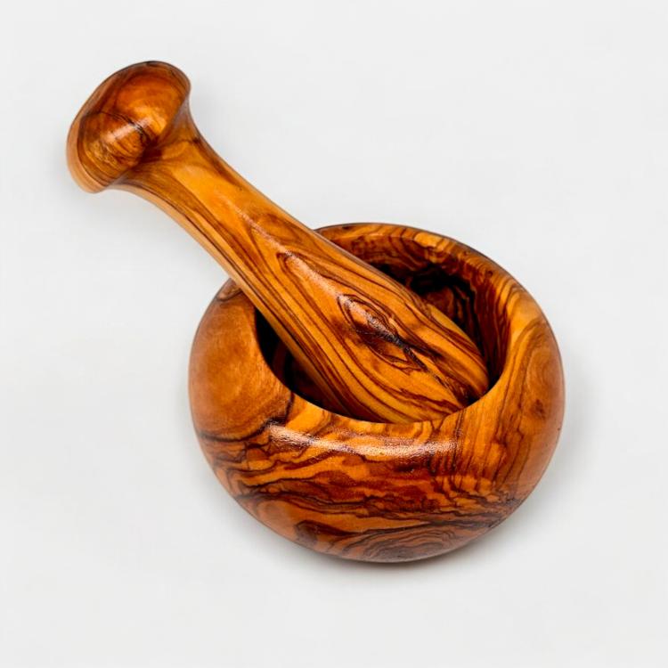 Round olive wood mortar and pestle