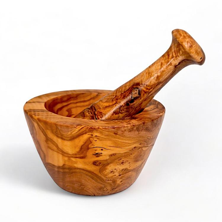 Conical olive wood mortar and pestle handcrafted from natural olive wood