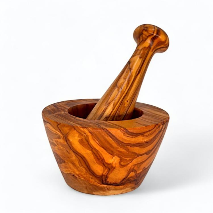 Handcrafted conic olive wood mortar and pestle