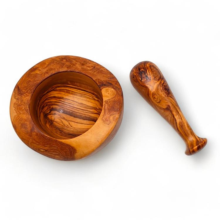 Natural olive wood mortar and pestle top view