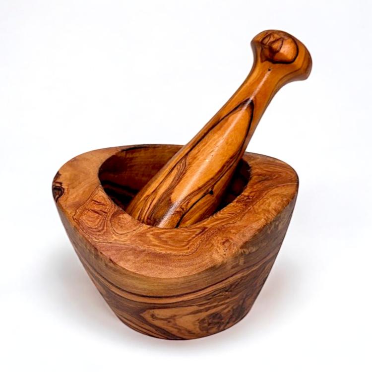 Natural olive wood mortar and pestle angled view