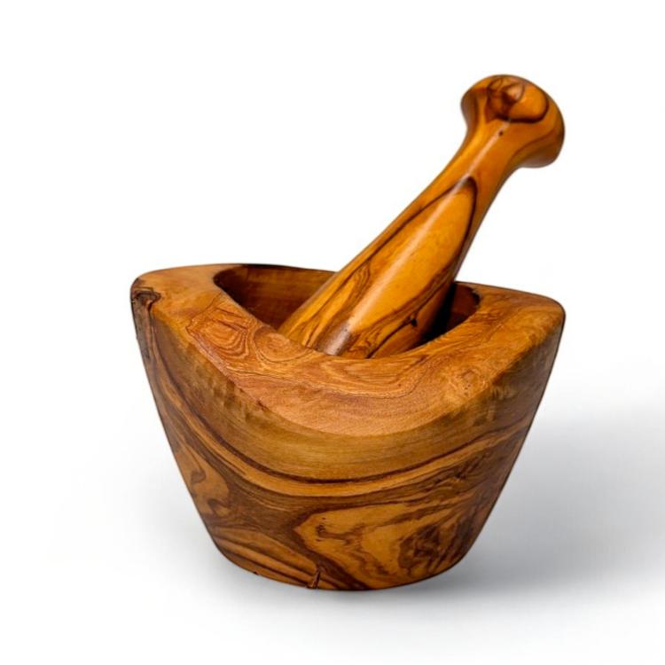 Handcrafted natural olive wood mortar and pestle