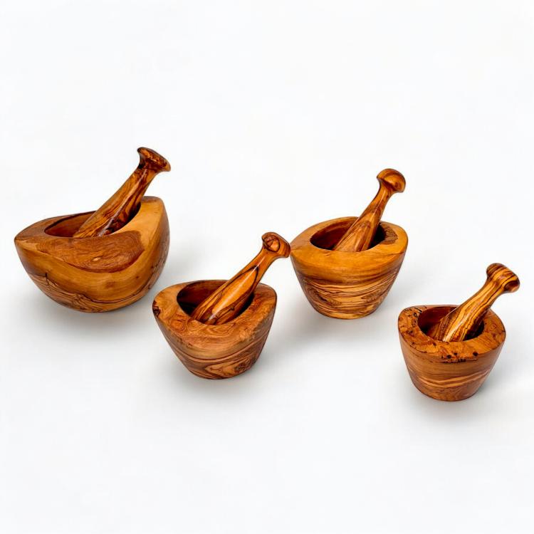 Natural olive wood mortar and pestle range in different sizes