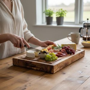 Rectangular olive wood end grain cutting board with charcuterie