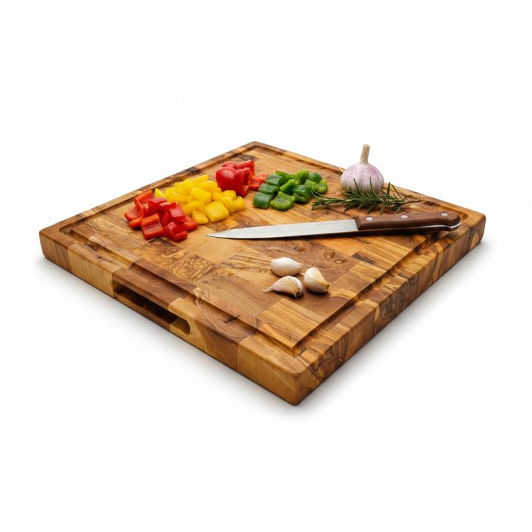 Square olive wood end grain cutting board with juice groove and hand grips