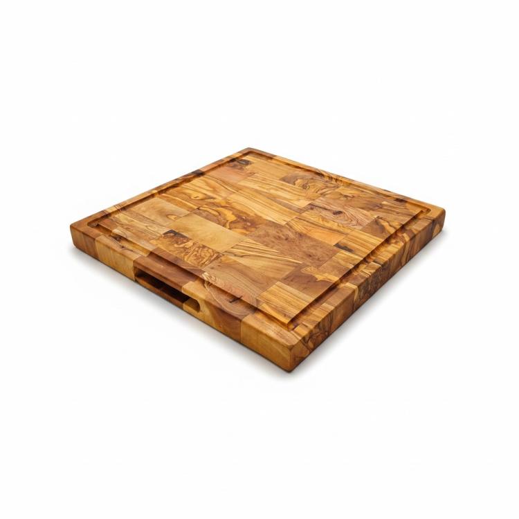 Square olive wood end grain cutting board with juice groove
