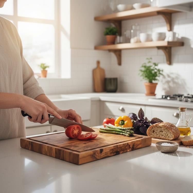 Square olive wood end grain cutting board used for preparing fresh vegetables