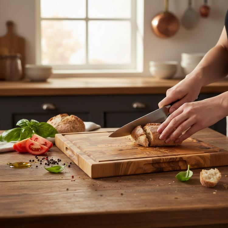 Square olive wood end grain cutting board used for slicing bread