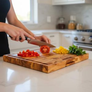 Square olive wood end grain cutting board used for chopping vegetables