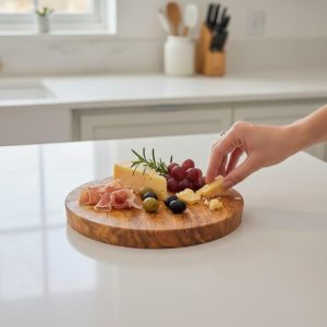 Round solid olive wood chopping board with cheese and fruit