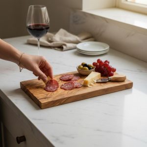 Rectangular olive wood chopping board used for serving cheese and charcuterie