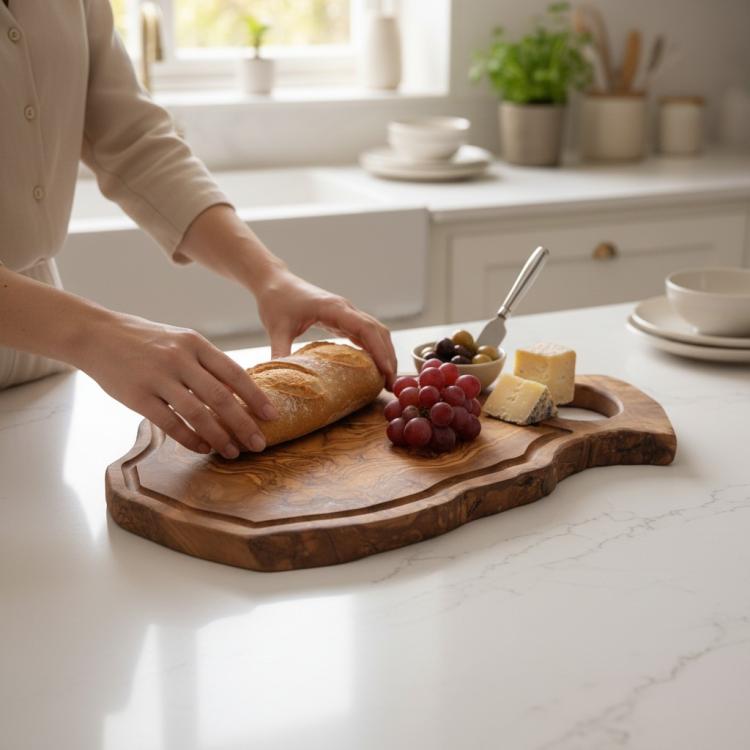 Olive wood serving and chopping board with handle used for bread grapes and cheese