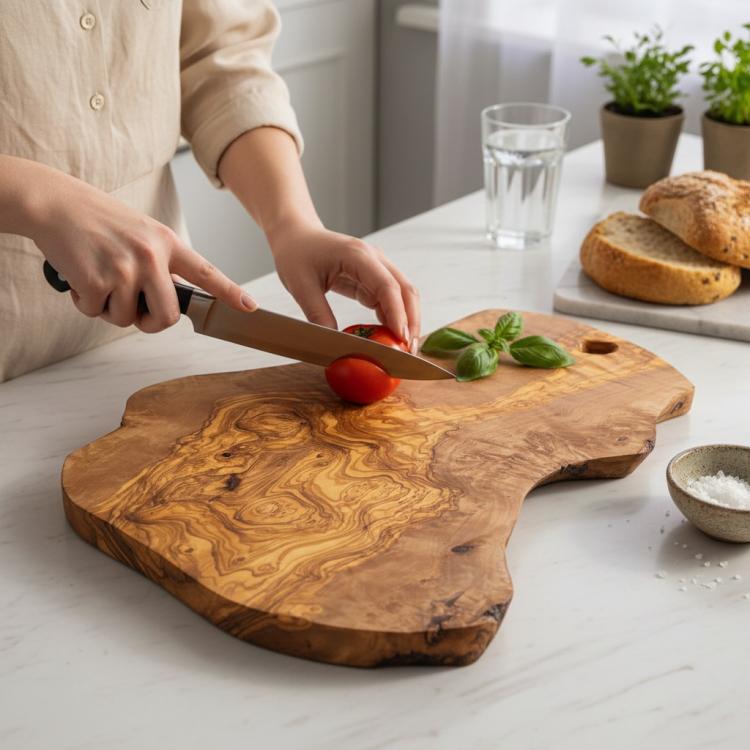 Irregular shape olive wood chopping board used for preparing tomatoes