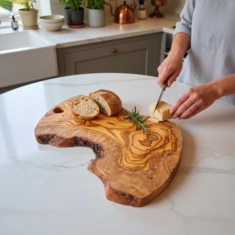 Natural olive wood chopping board used for bread and food preparation