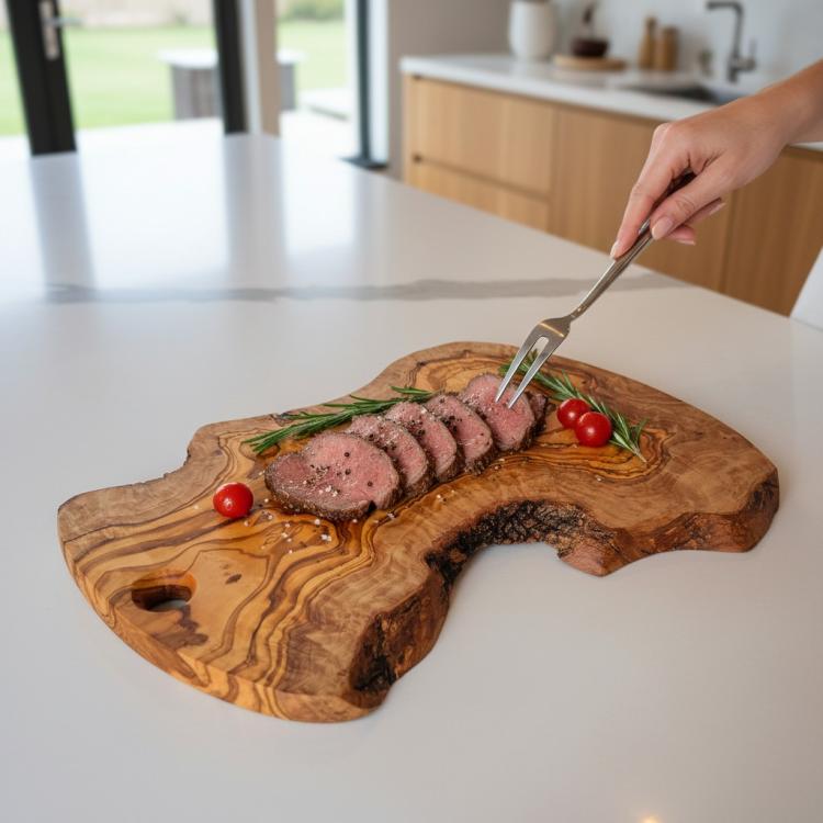 Irregular olive wood chopping board used for serving sliced steak