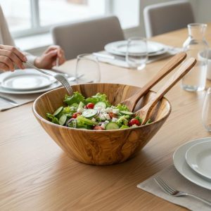 End grain olive wood salad bowl with fresh salad