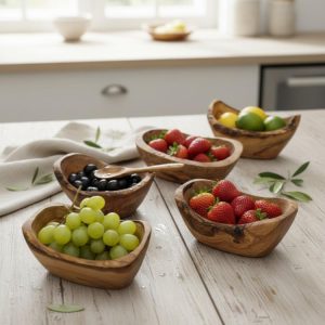 Rustic olive wood bowl with fresh fruit