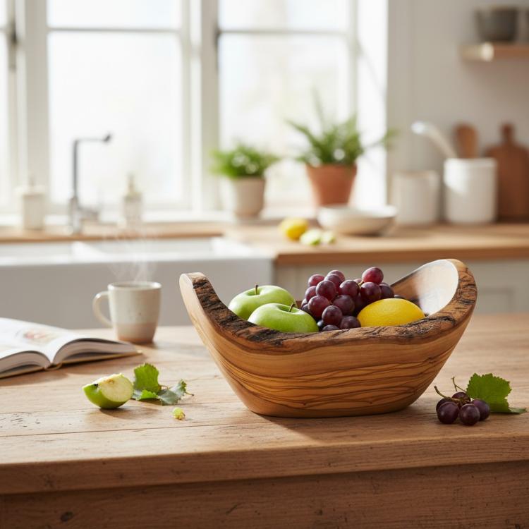 Rustic olive wood fruit bowl in a kitchen setting