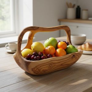 Handcrafted olive wood fruit basket with integrated handle