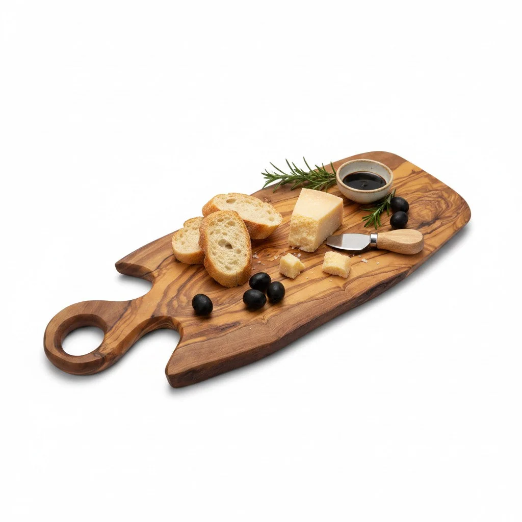 Rustic olive wood serving board with circular handle displaying sliced bread, cheese, olives and rosemary