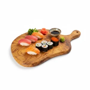 Handcrafted olive wood freeform charcuterie board with handle displaying sushi, sashimi and soy sauce on a natural live edge serving board