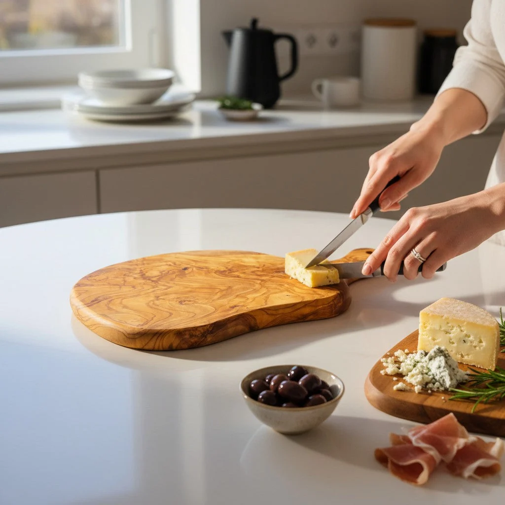 Handcrafted olive wood freeform serving board being used to slice cheese in a modern kitchen