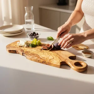 Olive Wood Freeform Serving Board with Round Handle being used to slice fresh figs in a kitchen
