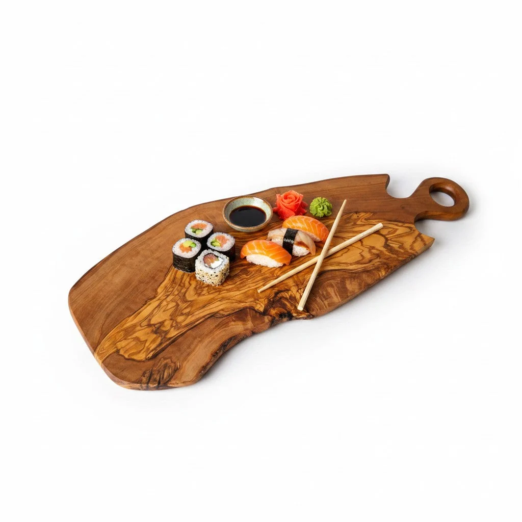 Olive wood freeform serving board with round handle presenting sushi rolls, salmon nigiri and chopsticks