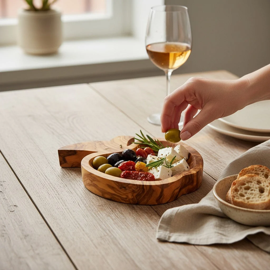 Apple-shaped olive wood serving bowl with olives and appetisers on a dining table