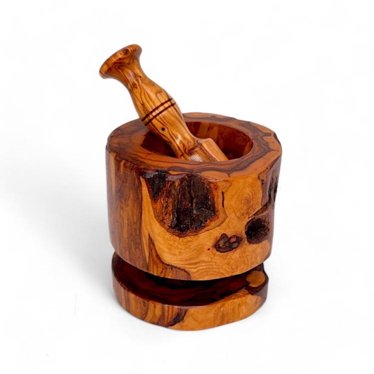 Olive Wood Rustic Mortar & Pestle with Base showing natural wood grain and matching wooden pestle