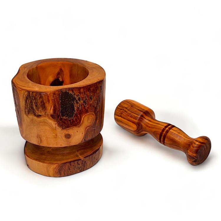 Rustic olive wood mortar with separate wooden pestle and base showing natural bark markings and deep grinding bowl