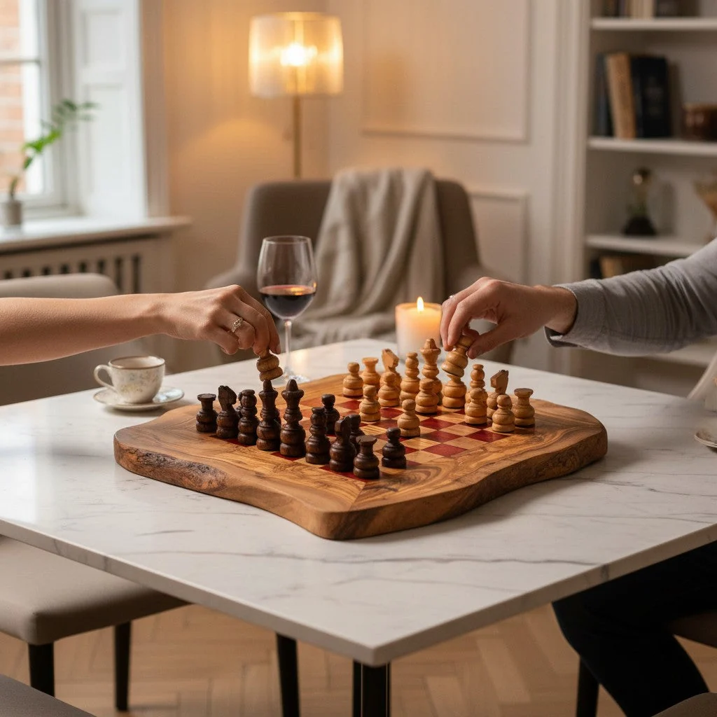 Handcrafted olive wood flat chess board with natural live edges and wooden chess pieces during a game at home