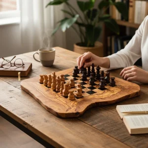 Handcrafted olive wood chess board with natural live edge and black playing grid