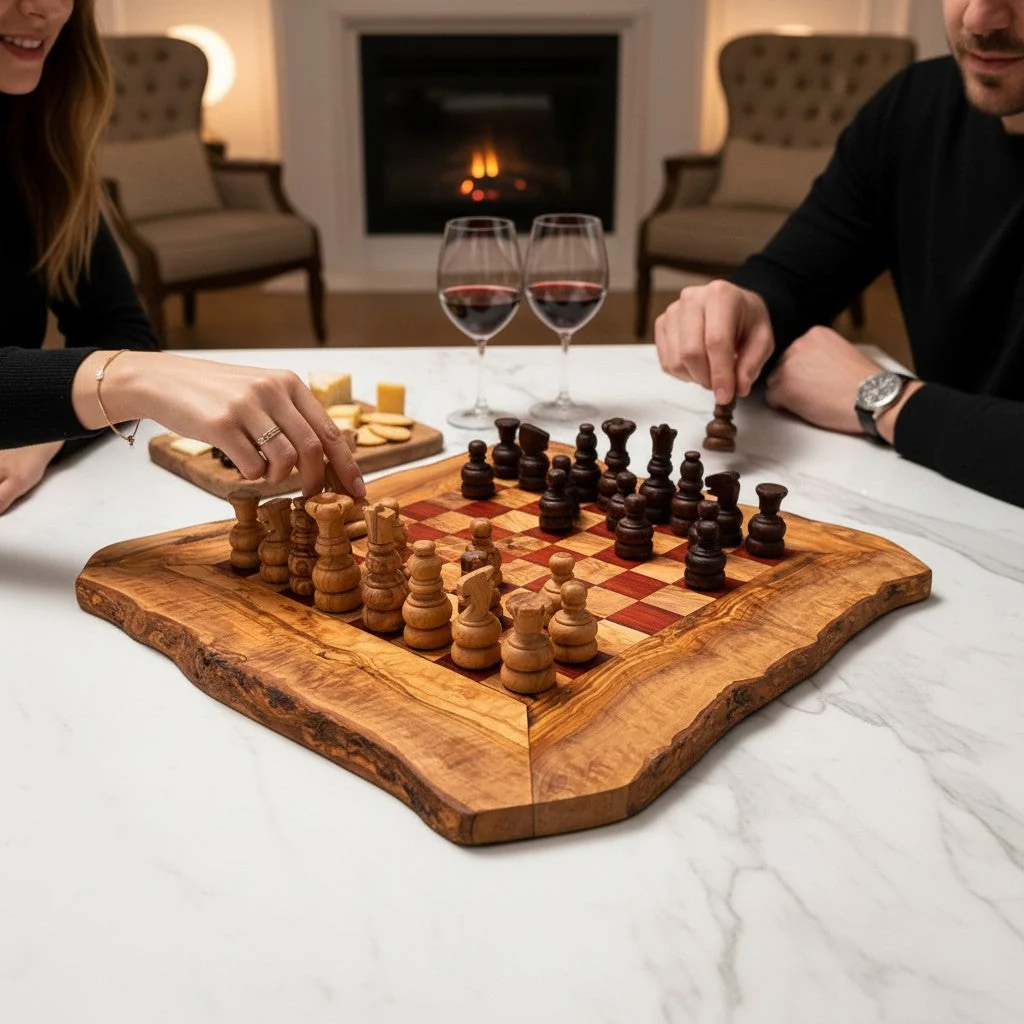 Natural olive wood flat chess board with red playing squares and handcrafted wooden chess pieces on a marble table
