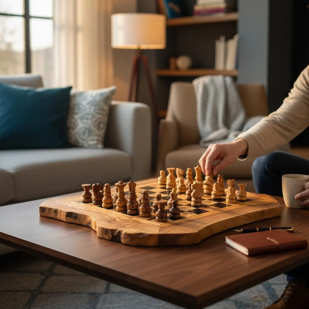 Handcrafted olive wood flat chess board with black playing grid and natural wood grain displayed on a coffee table