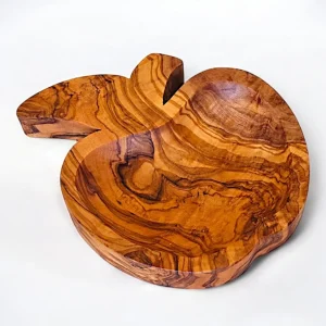 Handcrafted apple shaped olive wood bowl 14 cm with beautiful natural wood grain