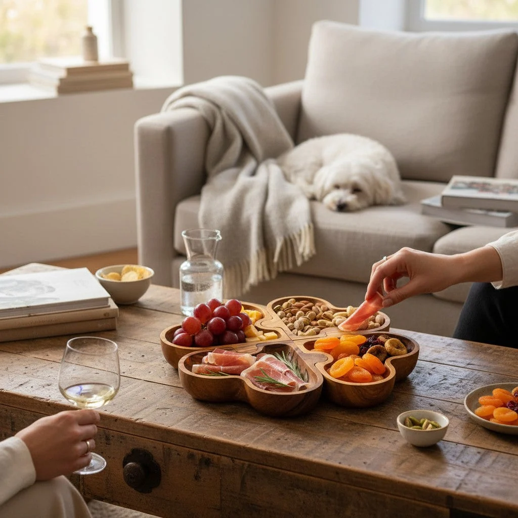 Handcrafted olive wood clover puzzle serving platter on a coffee table with assorted snacks