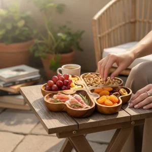 Olive wood clover puzzle serving platter with four interlocking dishes filled with grapes, nuts, cured meats and dried fruit