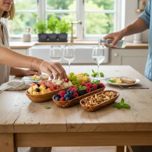 Olive Wood Boat-Shaped Serving Dishes filled with cheese, fresh berries, grapes and nuts on a dining table