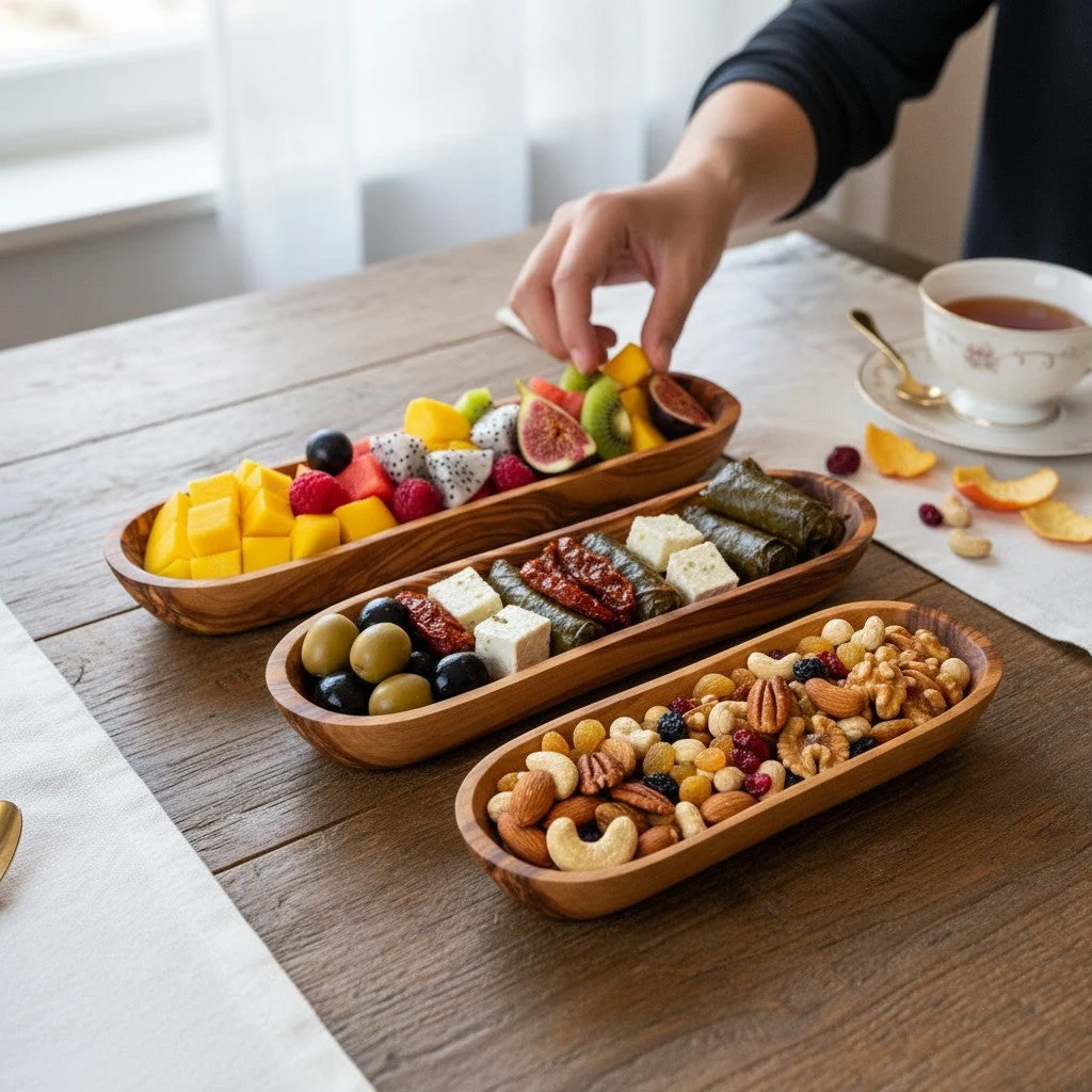 Olive wood boat-shaped serving dishes displaying fresh fruit, antipasti and nuts on a dining table