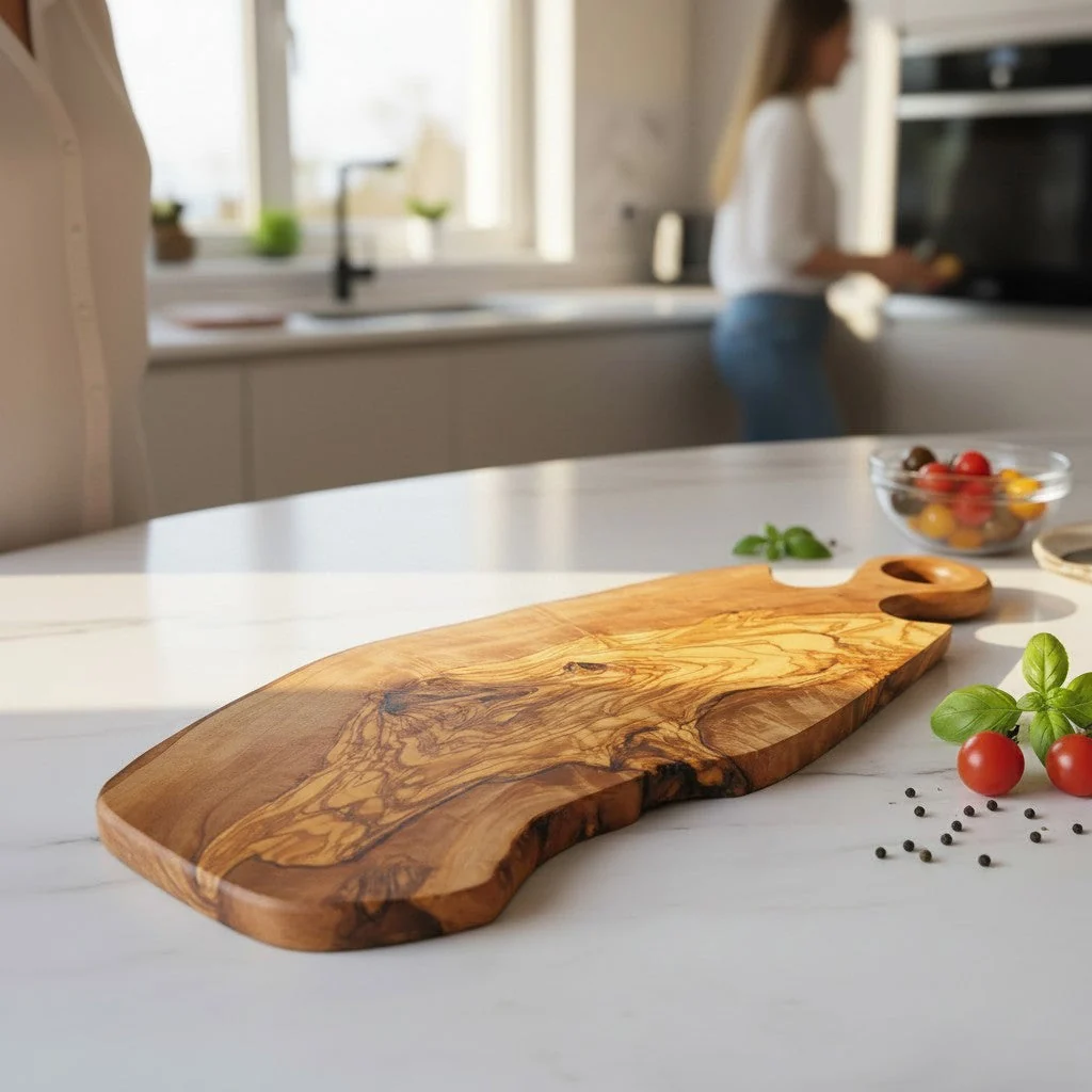 Olive wood freeform serving board displayed on a kitchen worktop showing its natural grain and round loop handle