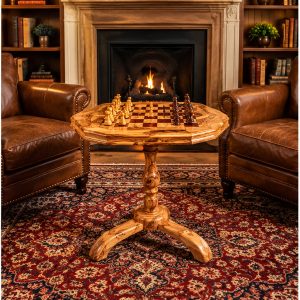 Luxury olive wood chess table with carved pedestal and wooden chess pieces displayed in an elegant living room